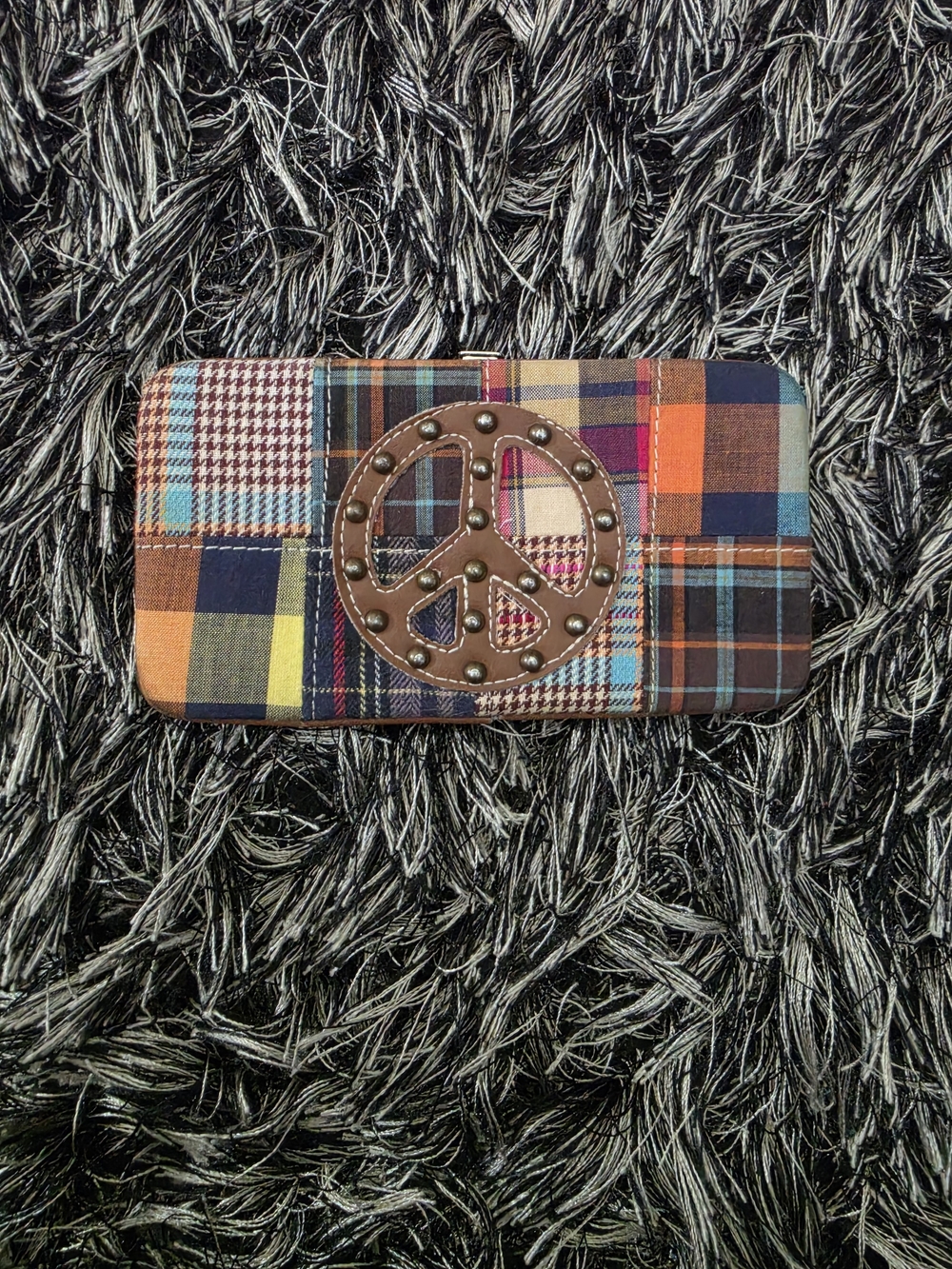 Patchwork Plaid Women's Wallet with Studded Peace Sign - Multicolor
